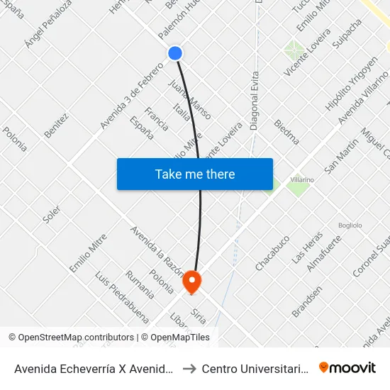 Avenida Echeverría X Avenida 3 De Febrero to Centro Universitario Chivilcoy map