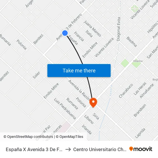 España X Avenida 3 De Febrero to Centro Universitario Chivilcoy map