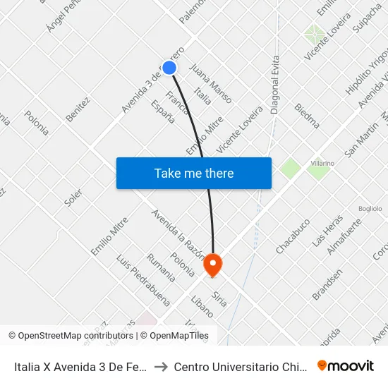Italia X Avenida 3 De Febrero to Centro Universitario Chivilcoy map