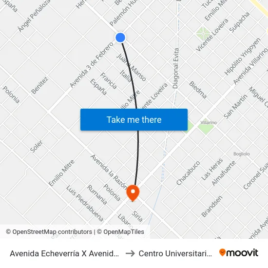 Avenida Echeverría X Avenida 3 De Febrero to Centro Universitario Chivilcoy map