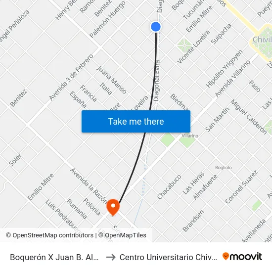Boquerón X Juan B. Alberdi to Centro Universitario Chivilcoy map