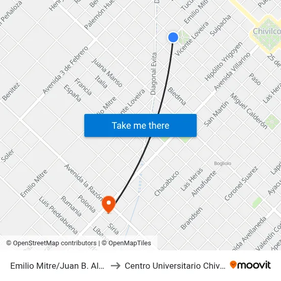 Emilio Mitre/Juan B. Alberdi to Centro Universitario Chivilcoy map