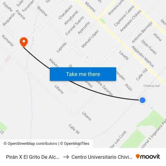 Pirán X El Grito De Alcorta to Centro Universitario Chivilcoy map