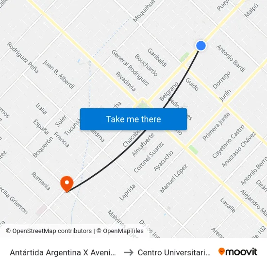 Antártida Argentina X Avenida J. L. Suárez to Centro Universitario Chivilcoy map