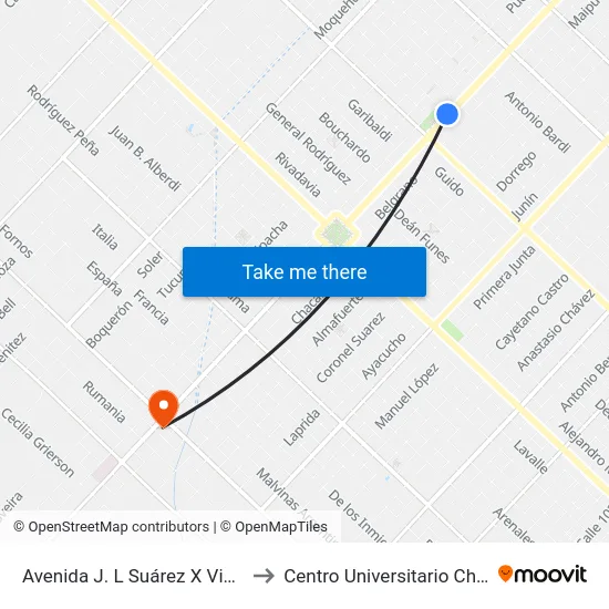 Avenida J. L Suárez X Viamonte to Centro Universitario Chivilcoy map