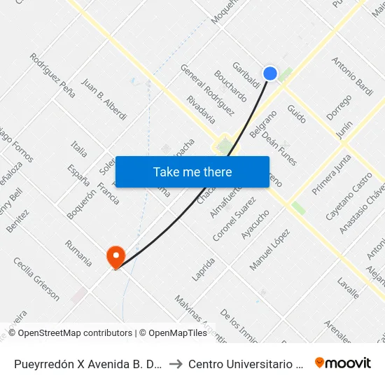 Pueyrredón X Avenida B. De Irigoyen to Centro Universitario Chivilcoy map