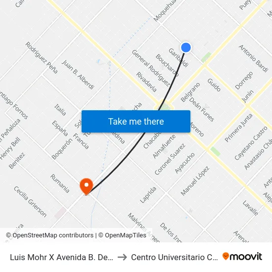 Luis Mohr X Avenida B. De Irigoyen to Centro Universitario Chivilcoy map