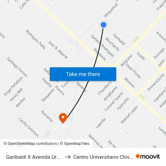 Garibaldi X Avenida Urquiza to Centro Universitario Chivilcoy map