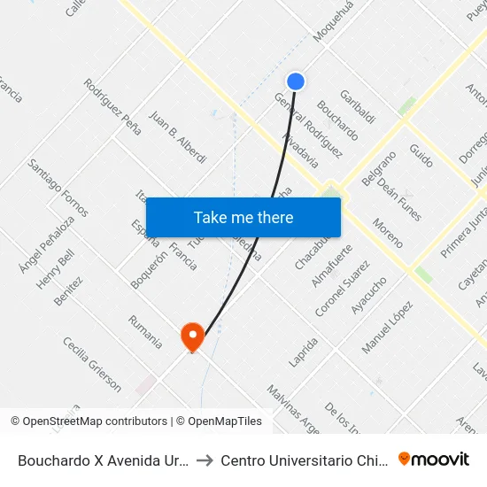 Bouchardo X Avenida Urquiza to Centro Universitario Chivilcoy map