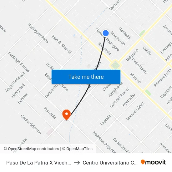 Paso De La Patria X Vicente López to Centro Universitario Chivilcoy map