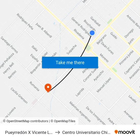 Pueyrredón X Vicente López to Centro Universitario Chivilcoy map