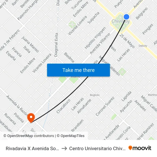 Rivadavia X Avenida Soárez to Centro Universitario Chivilcoy map