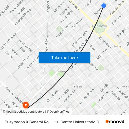 Pueyrredón X General Rodríguez to Centro Universitario Chivilcoy map