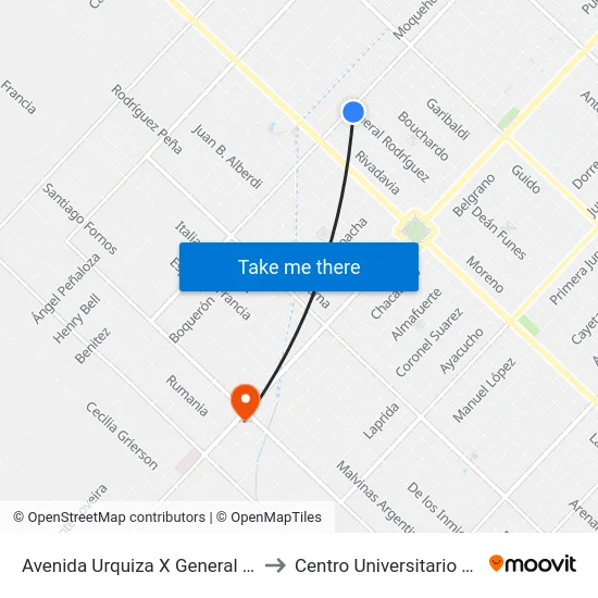 Avenida Urquiza X General Rodríguez to Centro Universitario Chivilcoy map