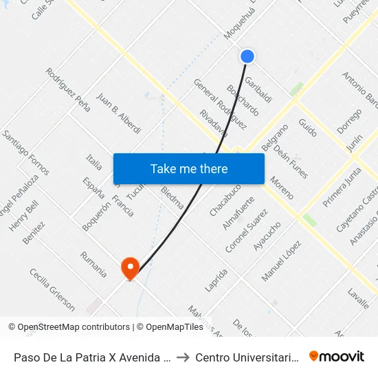 Paso De La Patria X Avenida B. De Irigoyen to Centro Universitario Chivilcoy map