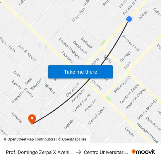 Prof. Domingo Zerpa X Avenida J. L. Suárez to Centro Universitario Chivilcoy map