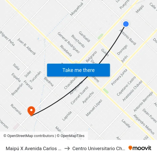 Maipú X Avenida Carlos Gardel to Centro Universitario Chivilcoy map