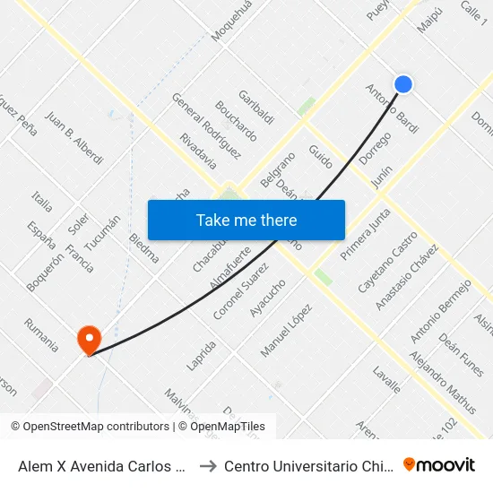 Alem X Avenida Carlos Gardel to Centro Universitario Chivilcoy map