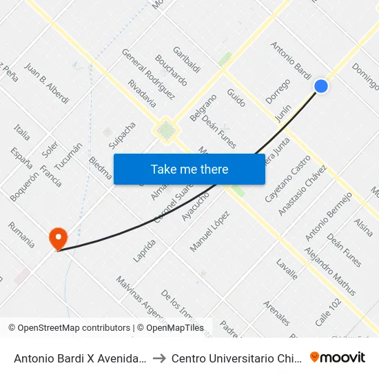 Antonio Bardi X Avenida Ortiz to Centro Universitario Chivilcoy map