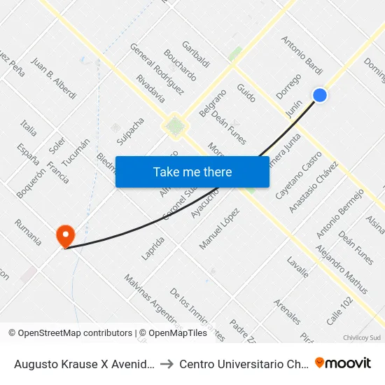 Augusto Krause X Avenida Ortiz to Centro Universitario Chivilcoy map