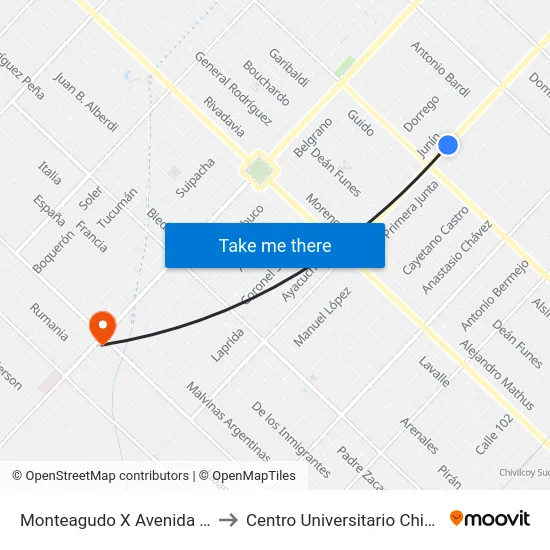 Monteagudo X Avenida Ortiz to Centro Universitario Chivilcoy map