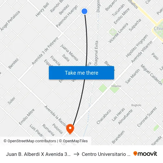 Juan B. Alberdi X Avenida 3 De Febrero to Centro Universitario Chivilcoy map