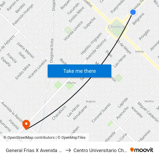 General Frías X Avenida Soárez to Centro Universitario Chivilcoy map