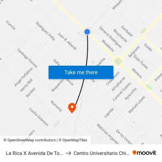 La Rica X Avenida De Tomaso to Centro Universitario Chivilcoy map