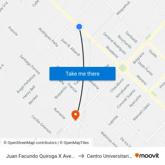 Juan Facundo Quiroga X Avenida De Tomaso to Centro Universitario Chivilcoy map