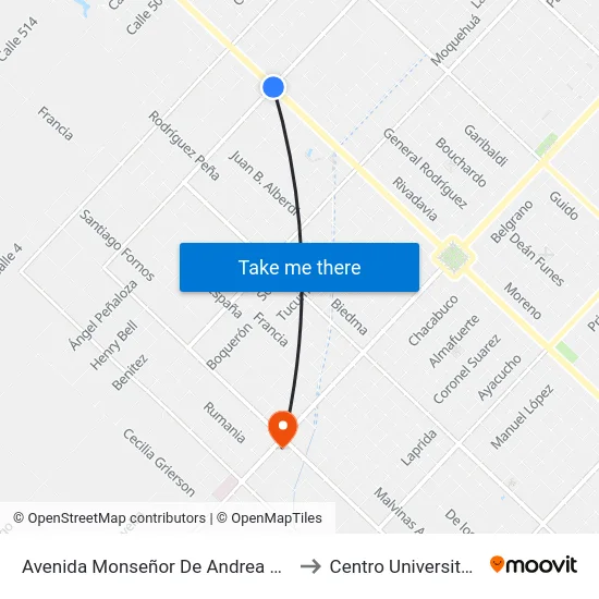 Avenida Monseñor De Andrea X Avenida De Tomaso to Centro Universitario Chivilcoy map