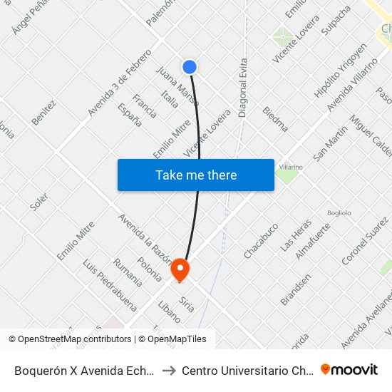 Boquerón X Avenida Echeverría to Centro Universitario Chivilcoy map