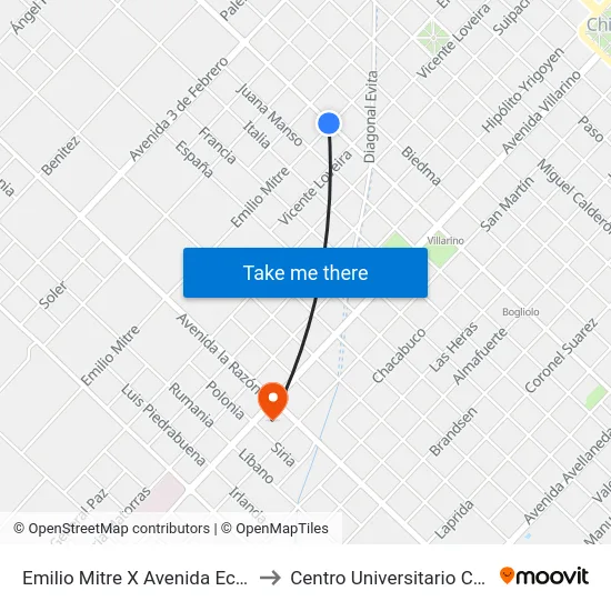 Emilio Mitre X Avenida Echeverría to Centro Universitario Chivilcoy map