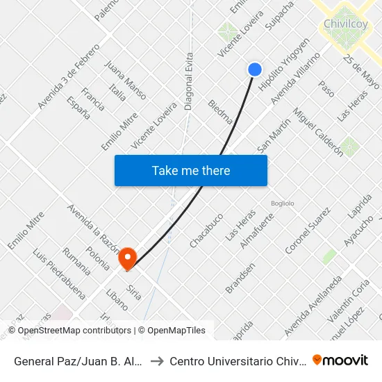 General Paz/Juan B. Alberdi to Centro Universitario Chivilcoy map
