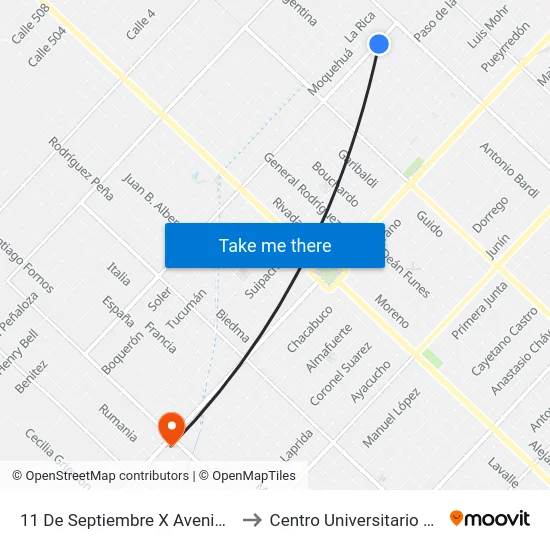 11 De Septiembre X Avenida Urquiza to Centro Universitario Chivilcoy map