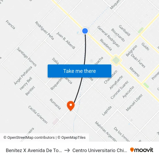 Benítez X Avenida De Tomaso to Centro Universitario Chivilcoy map