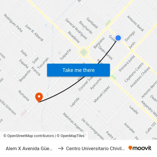 Alem X Avenida Güemes to Centro Universitario Chivilcoy map