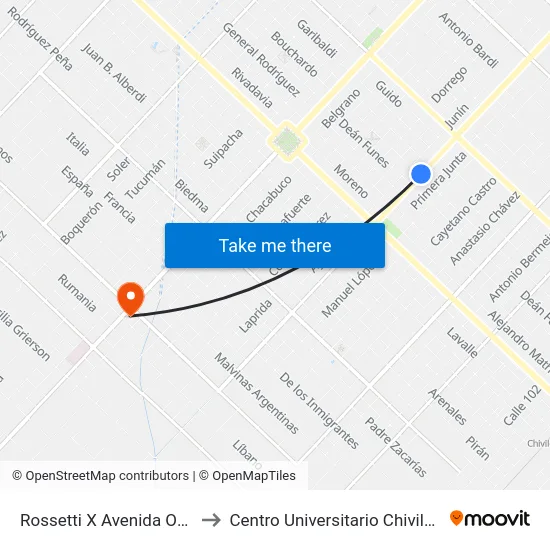Rossetti X Avenida Ortiz to Centro Universitario Chivilcoy map