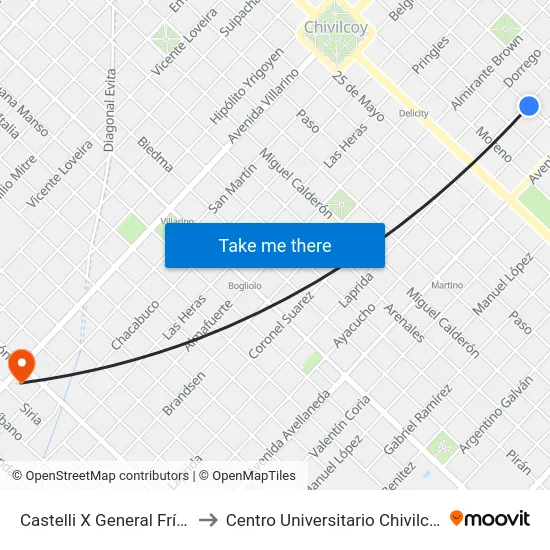 Castelli X General Frías to Centro Universitario Chivilcoy map