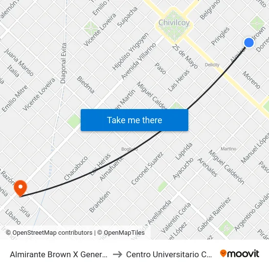 Almirante Brown X General Frías to Centro Universitario Chivilcoy map