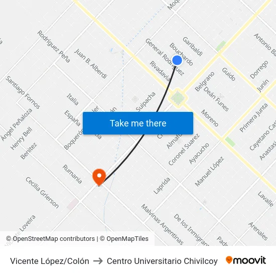 Vicente López/Colón to Centro Universitario Chivilcoy map