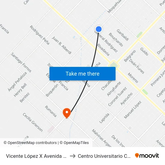 Vicente López X Avenida Urquiza to Centro Universitario Chivilcoy map