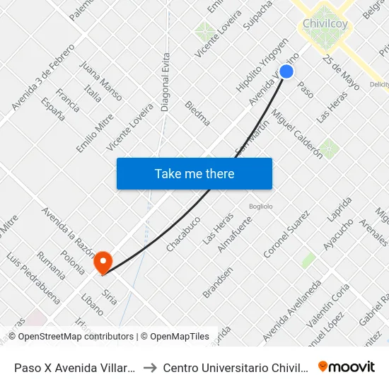 Paso X Avenida Villarino to Centro Universitario Chivilcoy map