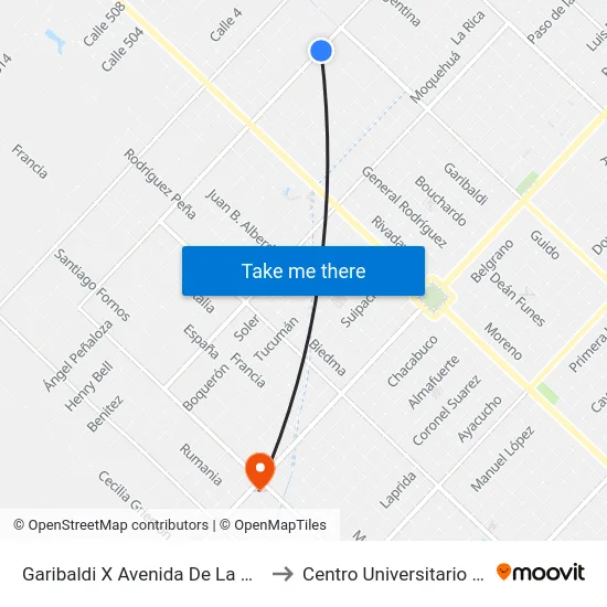 Garibaldi X Avenida De La Democracia to Centro Universitario Chivilcoy map