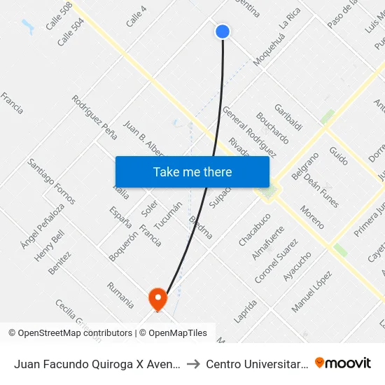 Juan Facundo Quiroga X Avenida B. De Irigoyen to Centro Universitario Chivilcoy map