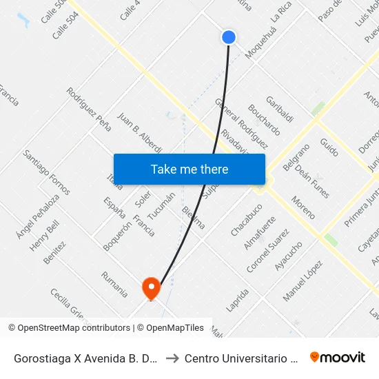 Gorostiaga X Avenida B. De Irigoyen to Centro Universitario Chivilcoy map