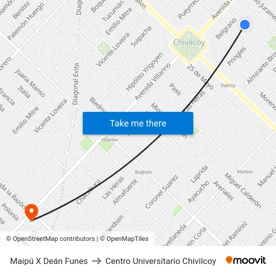 Maipú X Deán Funes to Centro Universitario Chivilcoy map
