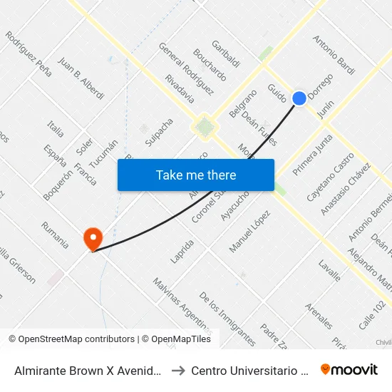 Almirante Brown X Avenida Güemes to Centro Universitario Chivilcoy map
