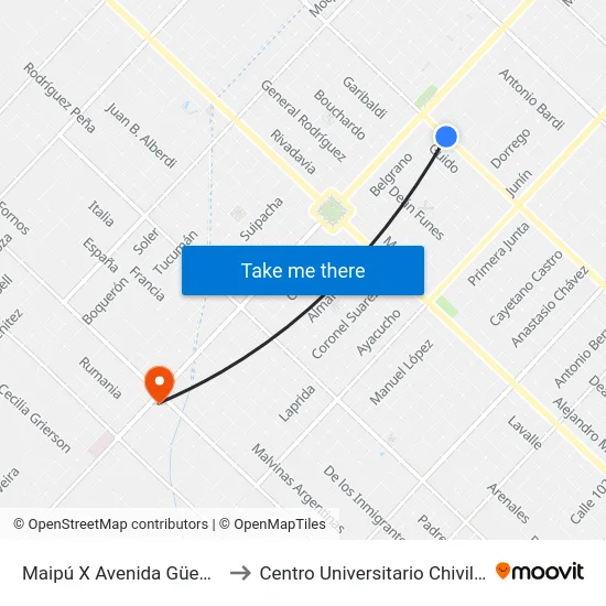 Maipú X Avenida Güemes to Centro Universitario Chivilcoy map