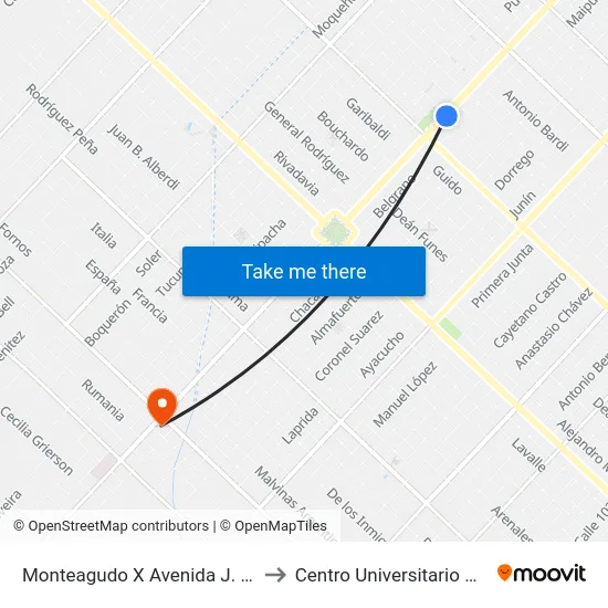 Monteagudo X Avenida J. L. Suárez to Centro Universitario Chivilcoy map