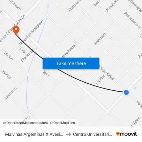 Malvinas Argentinas X Avenida Avellaneda to Centro Universitario Chivilcoy map